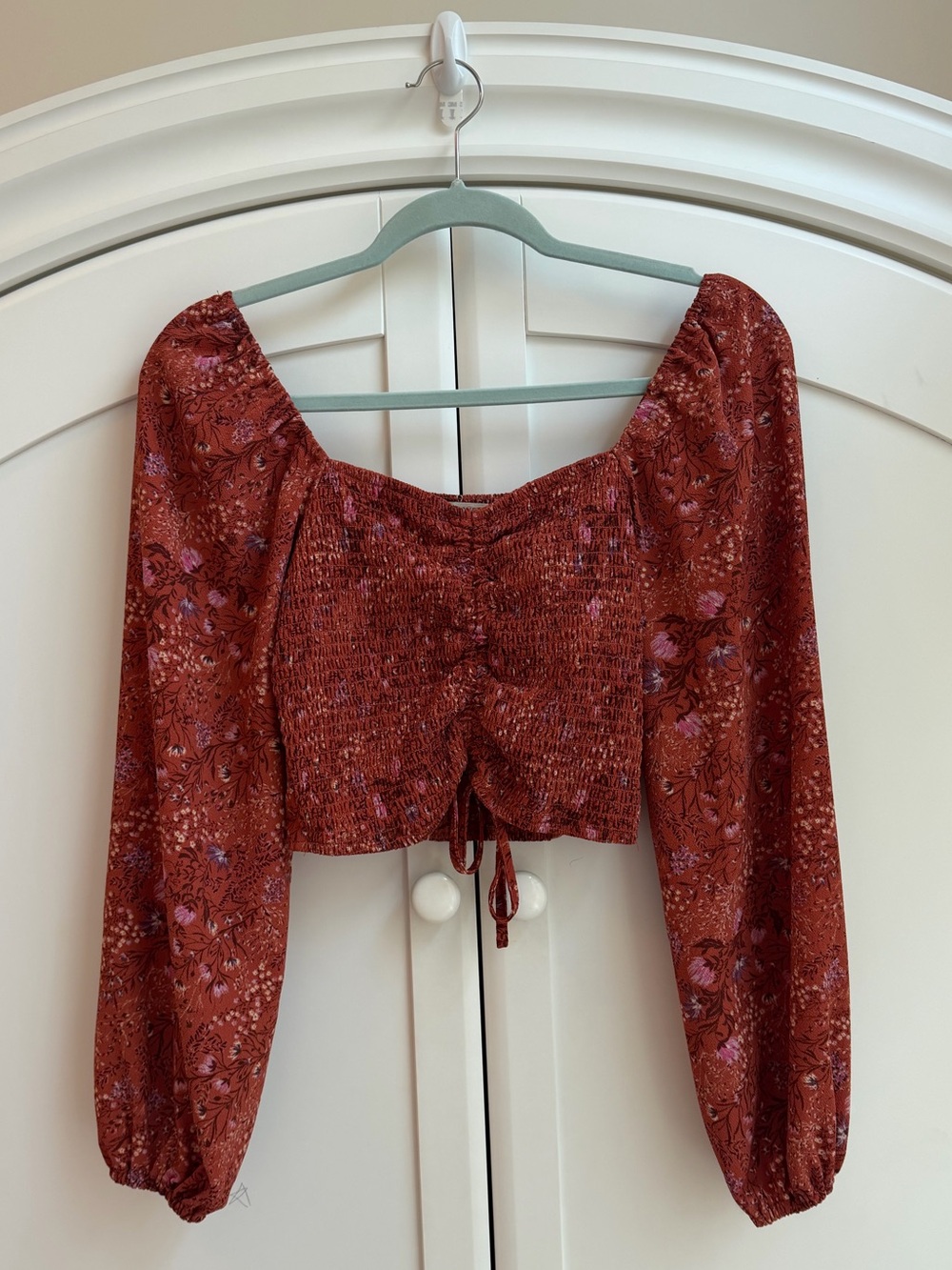 Forever 21 Rust Floral Smocked Peasant Crop Top